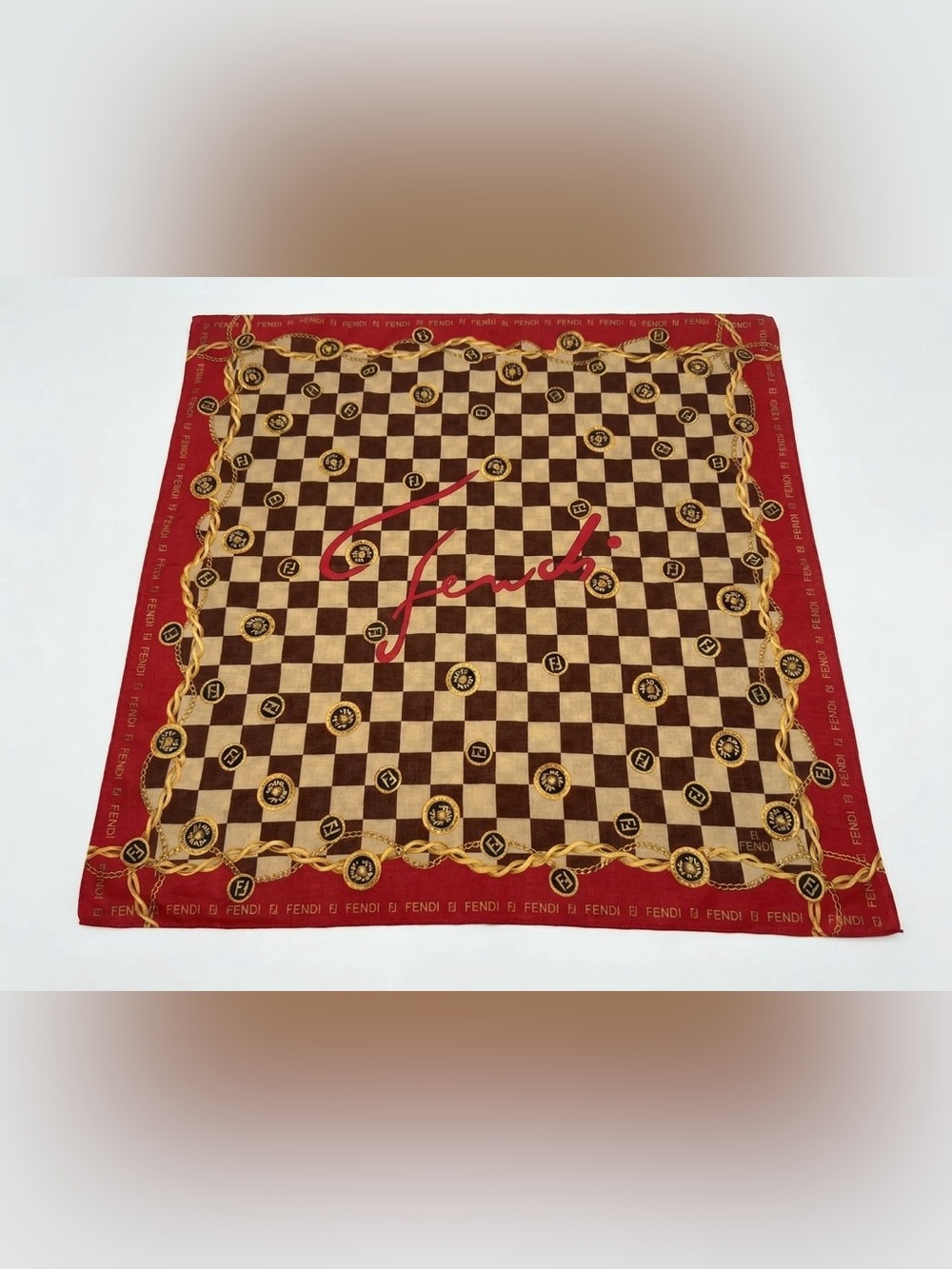 VINTAGE FENDI Brown Red Gold Chain Checkerboard Logo Scarf Bandana 18"x18" - Picture 4 of 4